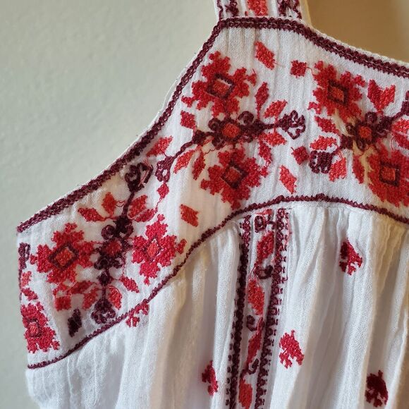 Joie White M Cotton Sun Dress with Red Floral Embroidery Boho Vacation Beach - Picture 2 of 11